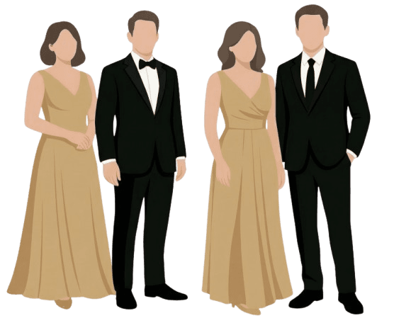 Suit in Black and Long Gown in shades of champagne.